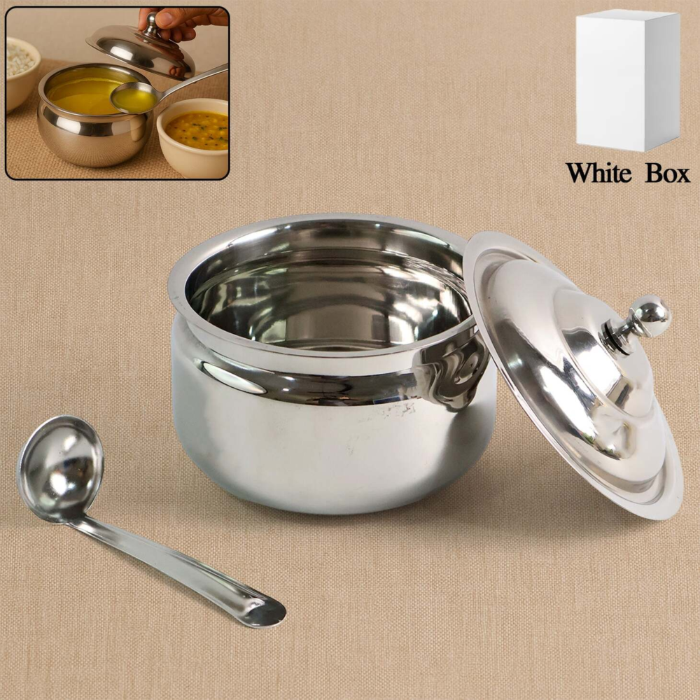 imageedit_0_4582056477 Stainless Steel Ghee Pot with Lid & Spoon – Mirror Finish