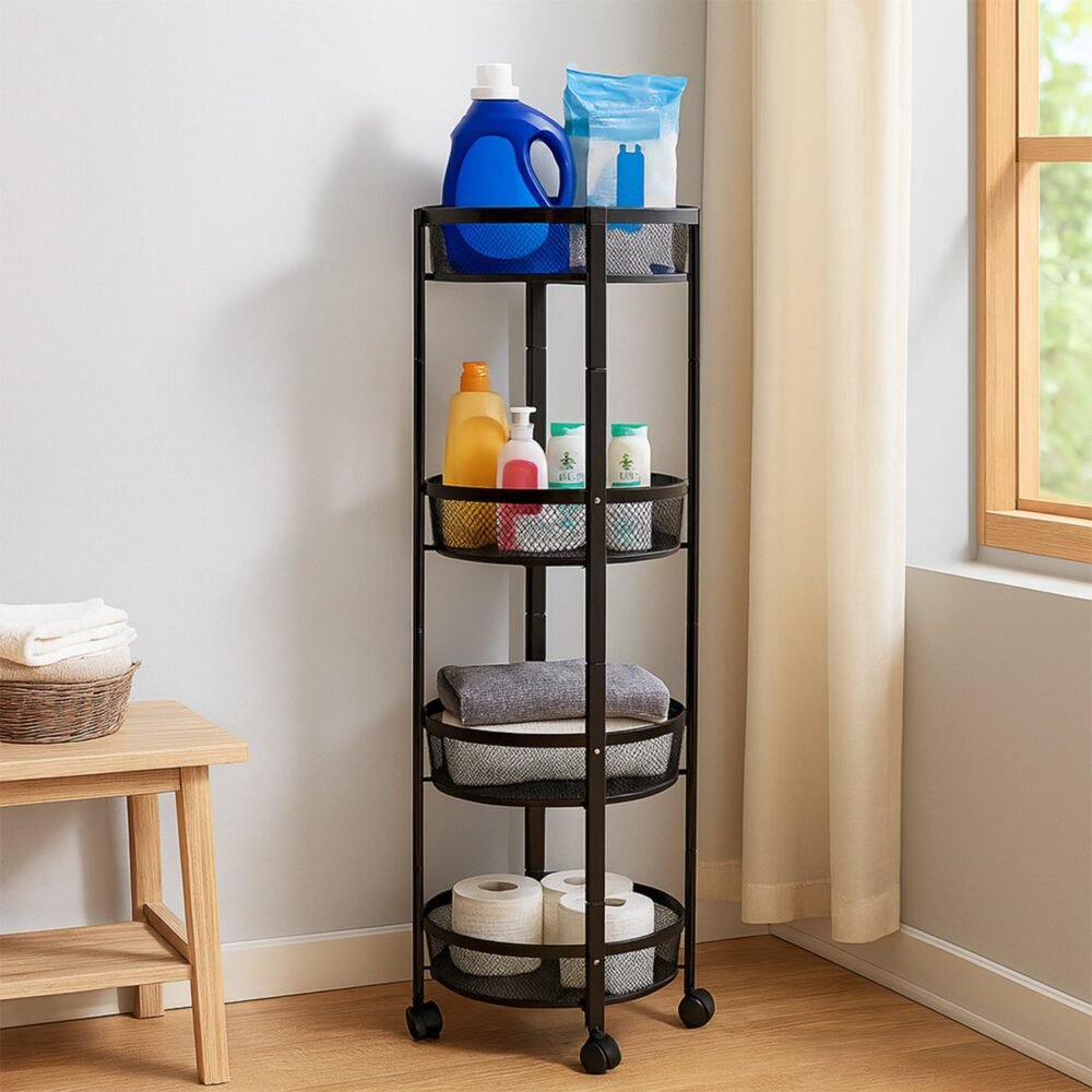4-Layer Round Metal Mesh Storage Trolley with Wheels