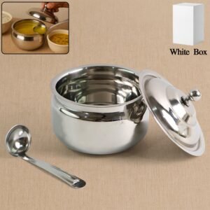 Stainless Steel Ghee Pot with Lid & Spoon – Mirror Finish