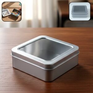 Square Metal Storage Tin Box with Transparent Window Lid – Compact & Durable