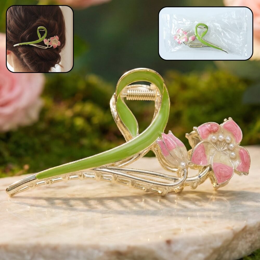 01_6cd5df56-bbd9-4b0a-804a-22fc213d405d.jpg Floral Hair Claw Clip – Elegant Green Leaf with Pink Flower