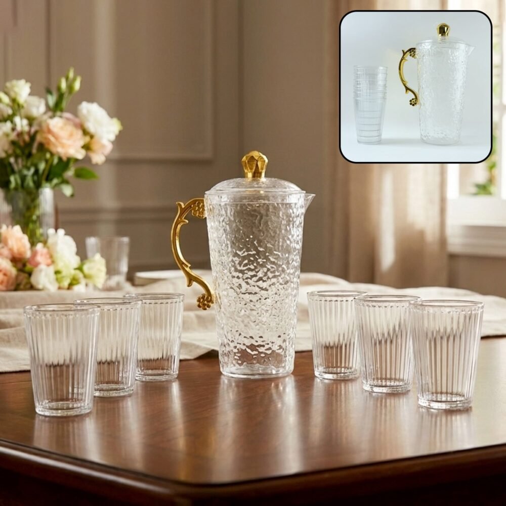 01_6e14e2e7-bb1d-40f9-80cf-f06a7770a616.jpg Textured Glass Water Jug Set – Elegant 1 Jug with 6 Glasses