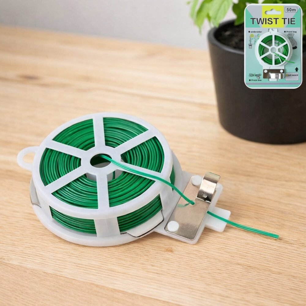 01_Twist-Tie.jpg Reusable Green Twist Tie Roll – Flexible Multipurpose Wire with Cutter