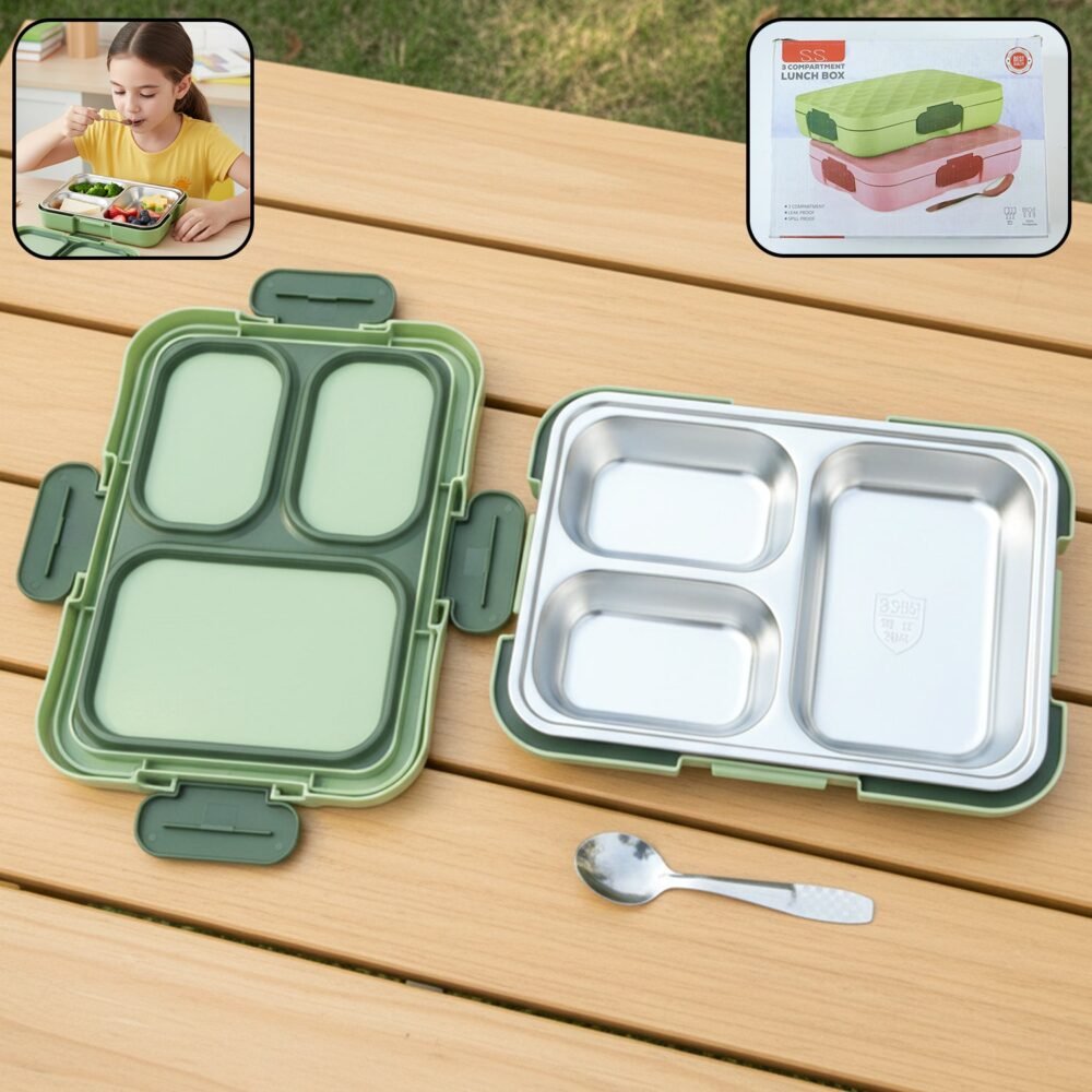 Fresca Stainless Steel 3 Compartment Lunch Box – Leakproof & Portable