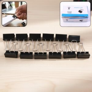 Black Metal Binder Clips – Strong 15mm Paper Holders, 12-Pack