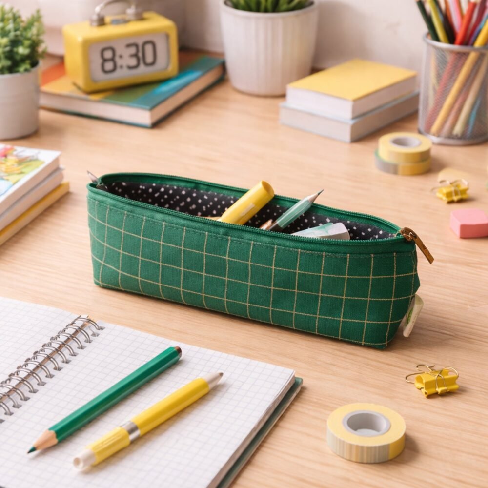 Green Grid Printed Pencil Pouch – Stylish & Compact Organizer