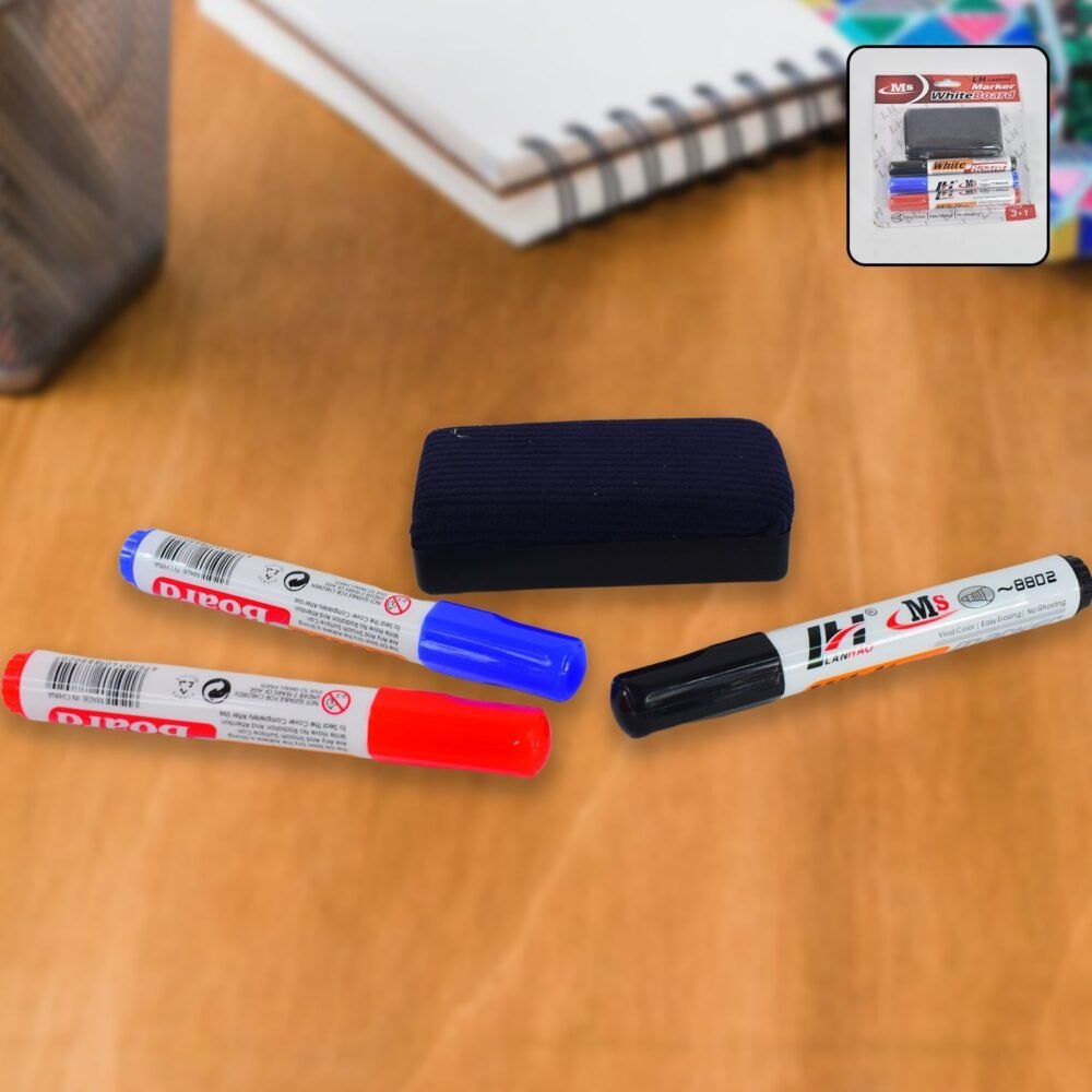 01_edf6ec7e-61cc-4cd0-b7b5-1a6782e4c57e.jpg Whiteboard Marker Set – Smooth, Vivid Ink with Duster Pack of 4