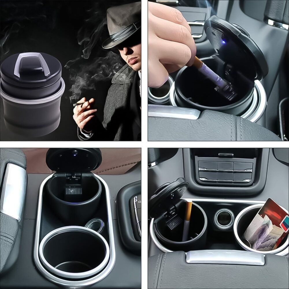 Car Ashtray with Lid & Blue LED Light – Portable Smokeless Design