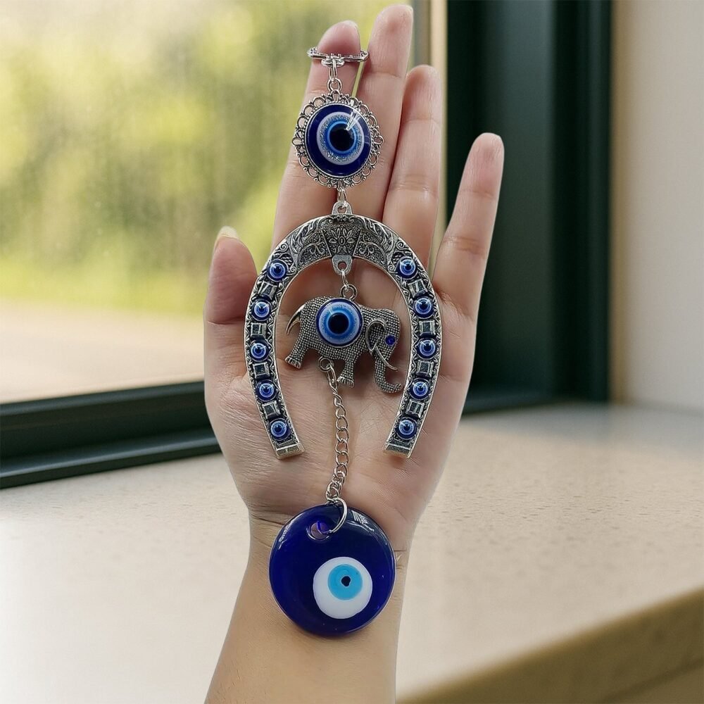 Evil Eye Hanging with Elephant & Horseshoe – Protective Wind Chime