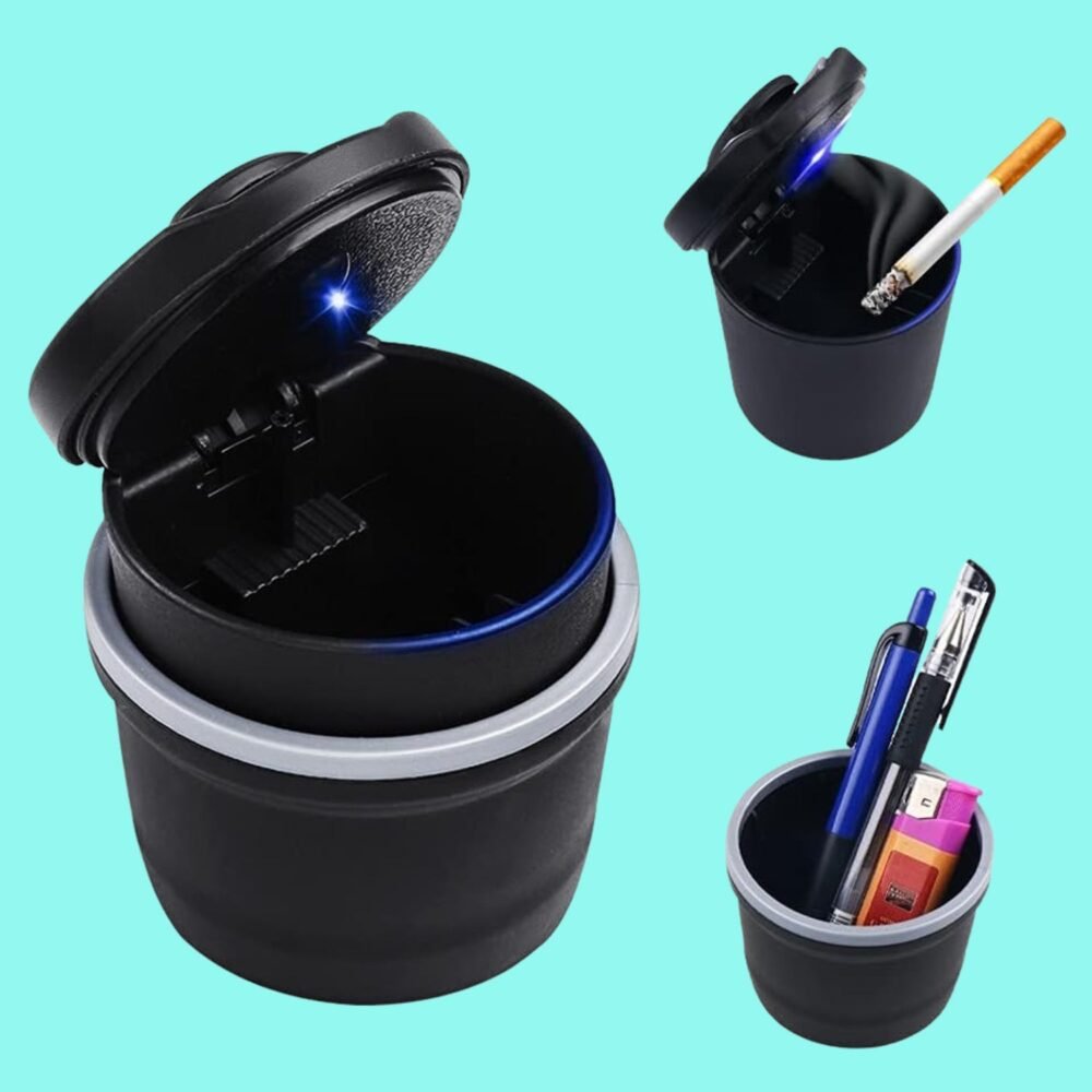 Portable Car Ashtray with Lid and Blue LED Light – Smokeless & Odour-Free