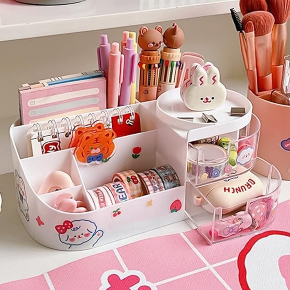 Vanity Organizer with Rotating Tray & Drawers for Easy Storage