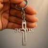 Metal Cross Keychain – Gujarati Jesus Script for Spiritual Style