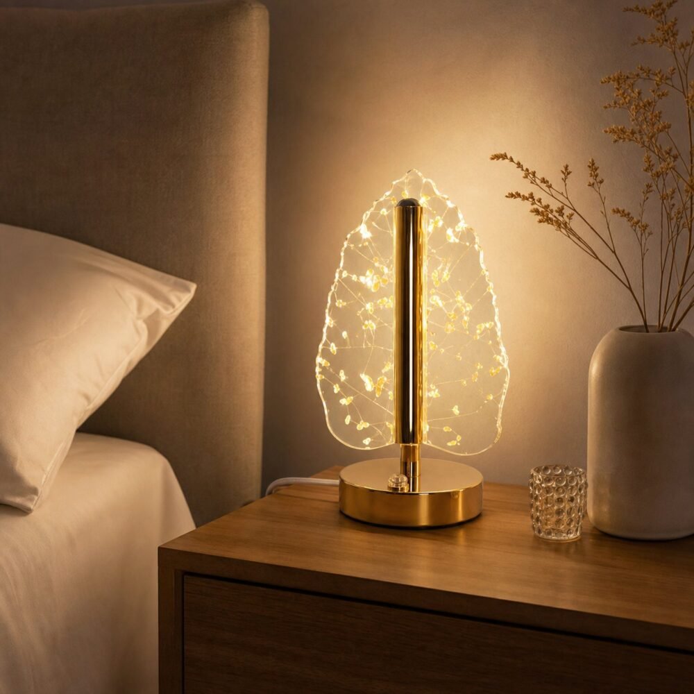 02_bedside_lifestyle.jpg Golden Crystal Leaf LED Table Lamp – USB Charging & Warm Light