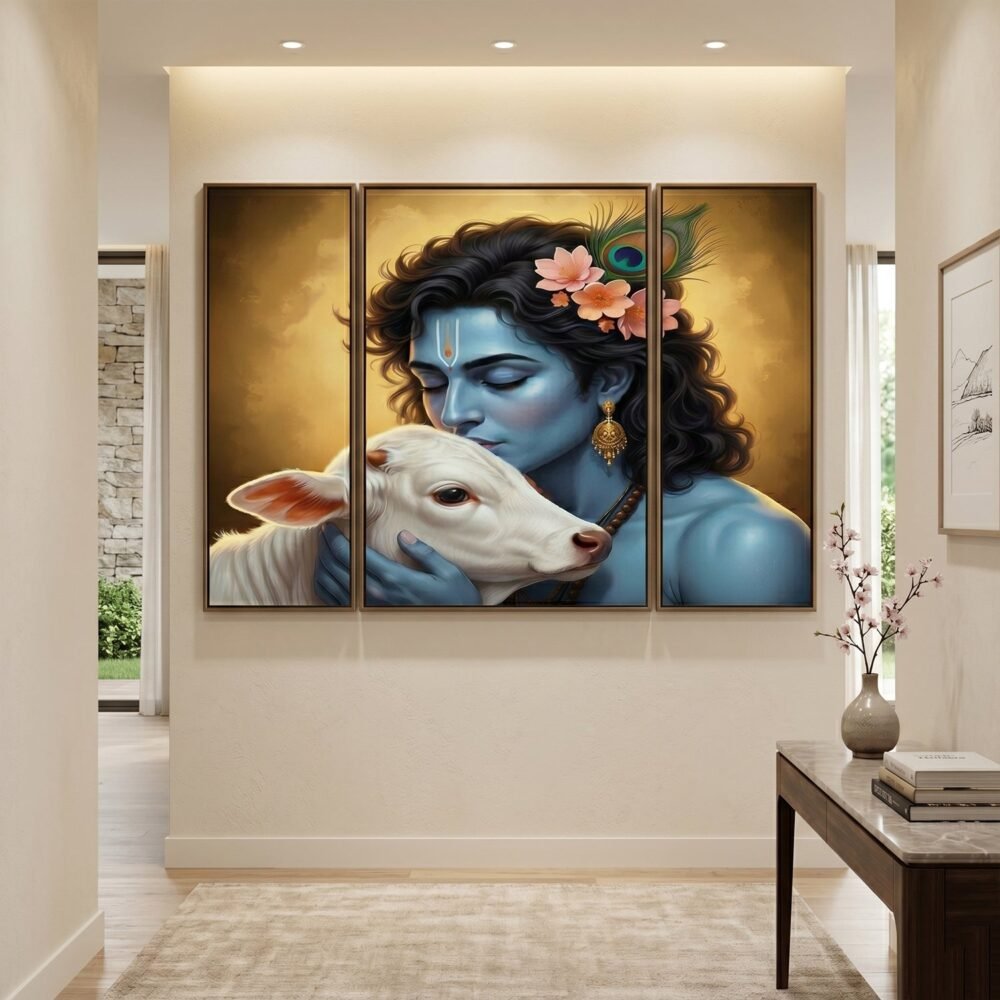 Krishna N Cow Wall Art – Vibrant 3 Panel MDF Design for Home