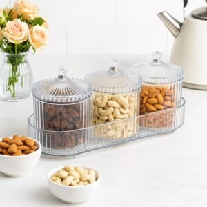 Dry Fruit Storage Jars – 3-Piece Set with Tray for Freshness