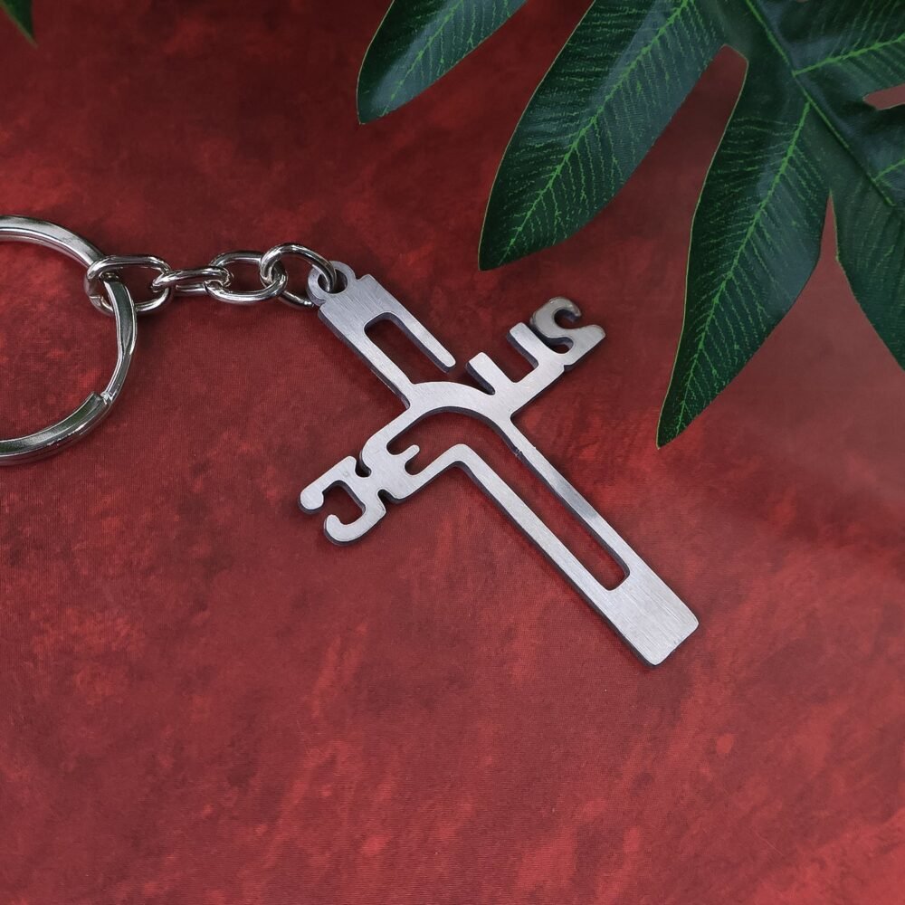 Metal Cross Keychain – Gujarati Jesus Script for Spiritual Style