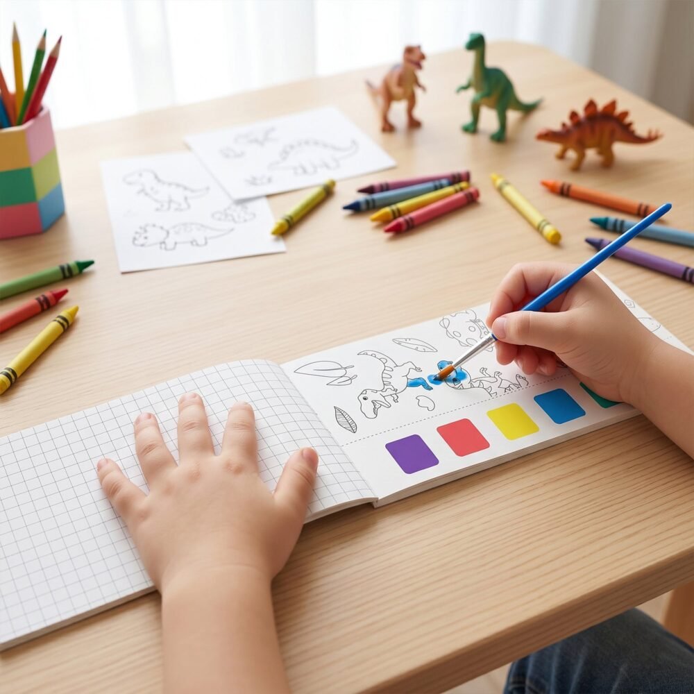 Kids Watercolour Painting Book – Dinosaur Theme & Brushes for Creativity