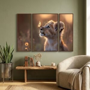 Lion Cub Wall Art – Vibrant 3-Panel MDF Wall Decor