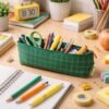 Green Grid Printed Pencil Pouch – Stylish & Compact Organizer