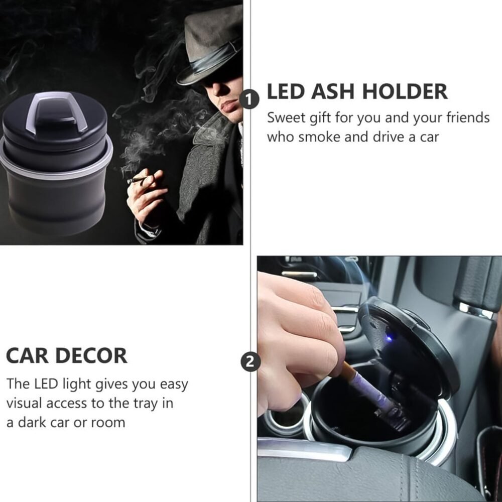 Car Ashtray with Lid & Blue LED Light – Portable Smokeless Design