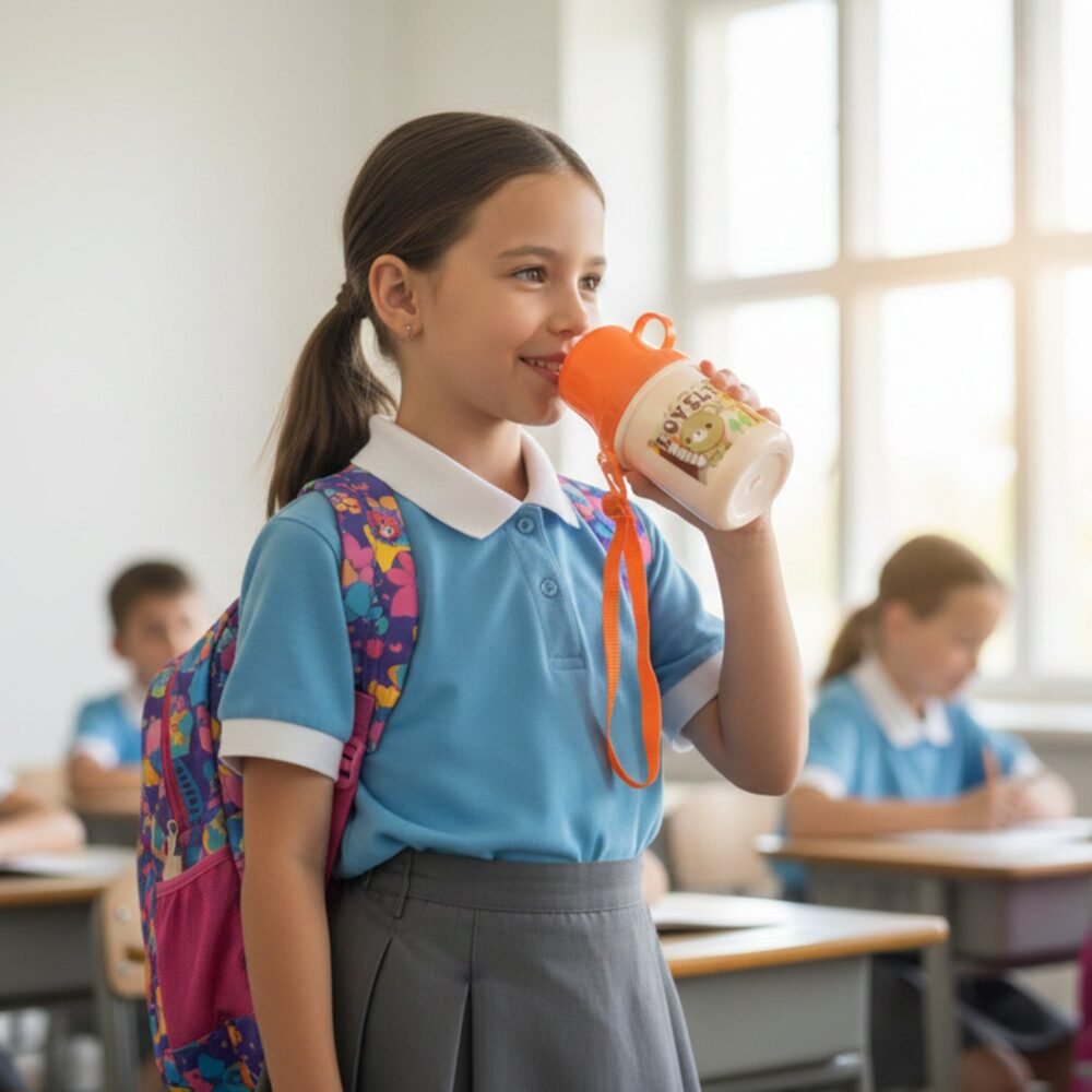 Kids Plastic Cartoon Cup with Lid & Strap – Spill Resistant 350 ML