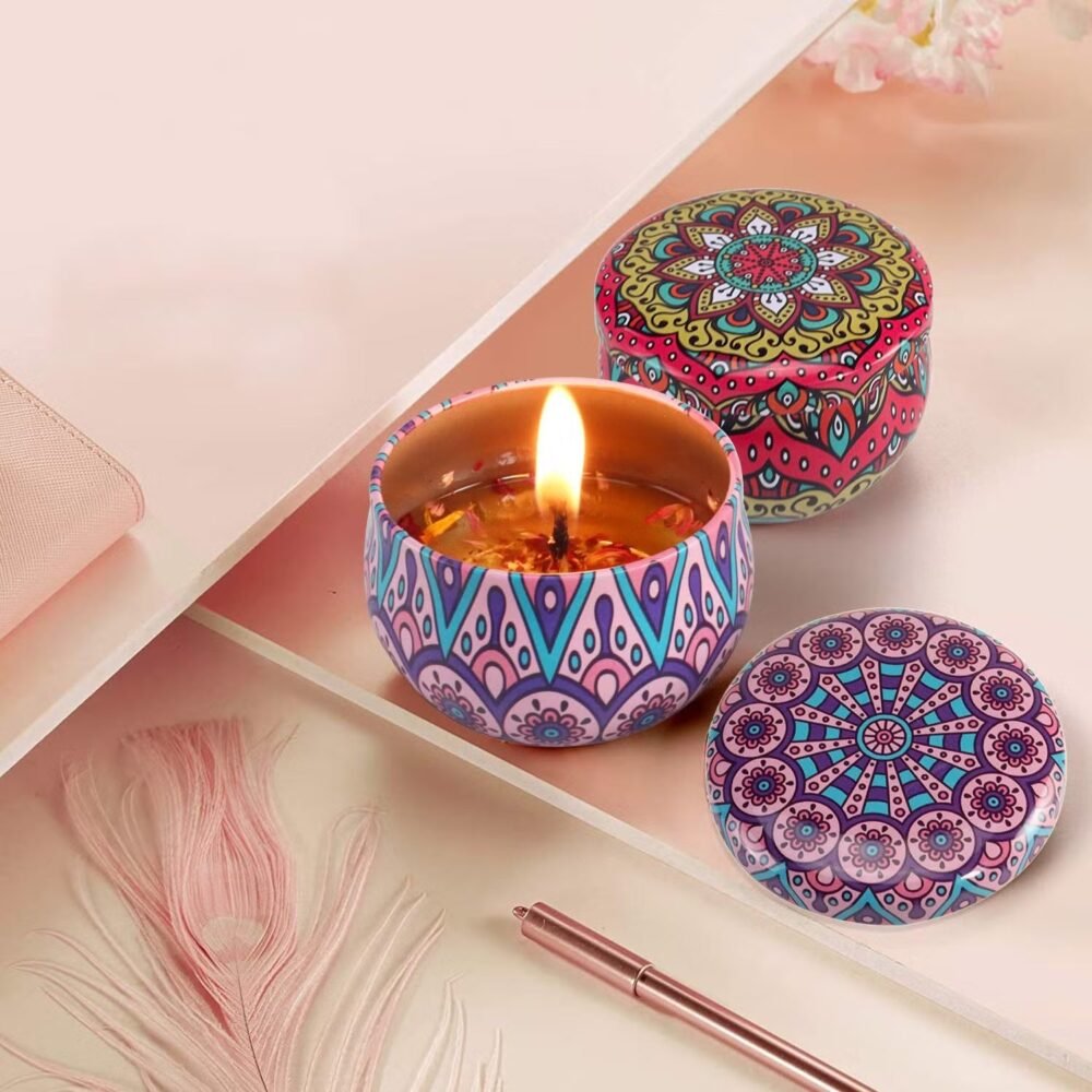 Mandala Printed Metal Candle Container – Reusable 4 Piece Set