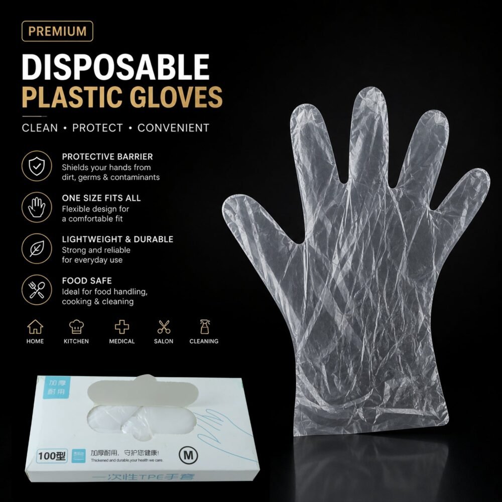 Disposable Plastic Gloves – 100 Pc, Clear, Food & Cleaning Use