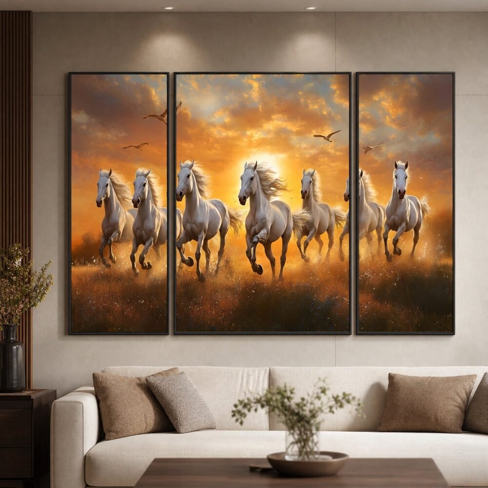 Horses Sunset Wall Art – Vibrant 3-Panel MDF Canvas for Home Decor