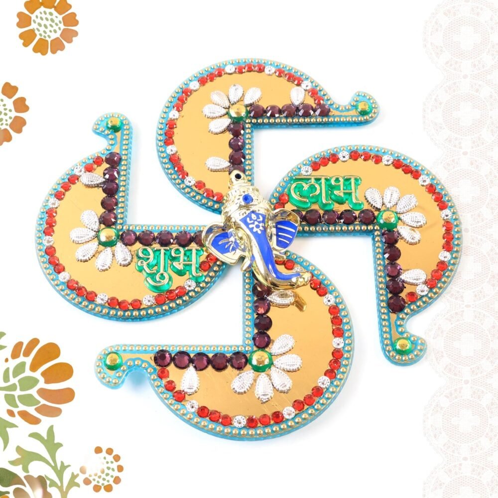 Golden Swastik Shubh Labh Wall Hanging – Ganesh Idol Decor for Prosperity