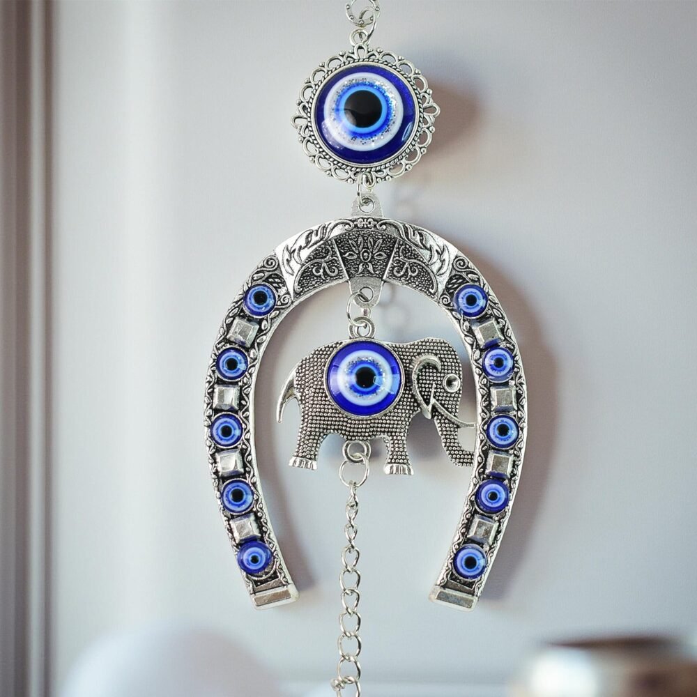 Evil Eye Hanging with Elephant & Horseshoe – Protective Wind Chime