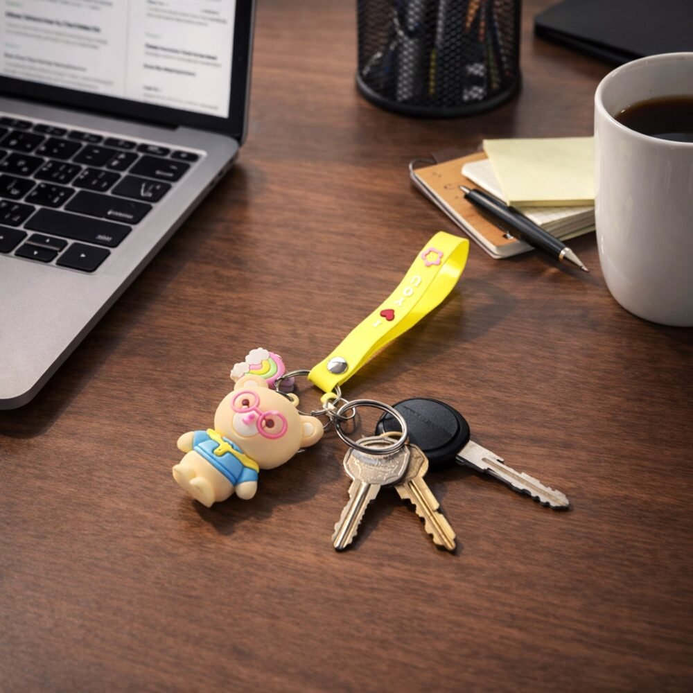 Teddy Bear Keychain – Cute Cartoon Bag Charm with Love Strap