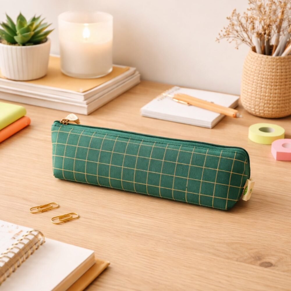 Green Grid Printed Pencil Pouch – Stylish & Compact Organizer