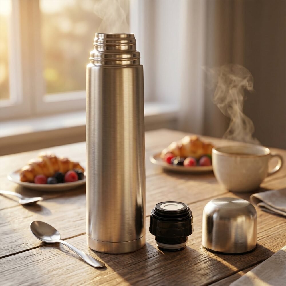 Stainless Steel Vacuum Flask – 1000ML with Carry Bag & Spoon