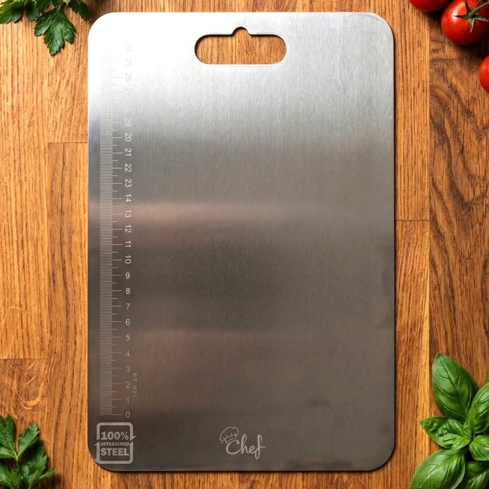 04_bd9684d0-0254-4bb5-b009-121e214c1494.jpg Large Stainless Steel Cutting Board – 31x20.5cm with Scale