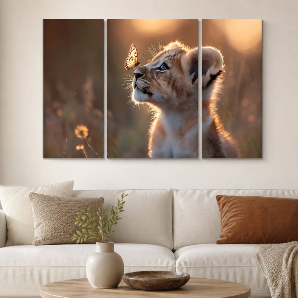 Lion Cub Wall Art – Vibrant 3-Panel MDF Wall Decor