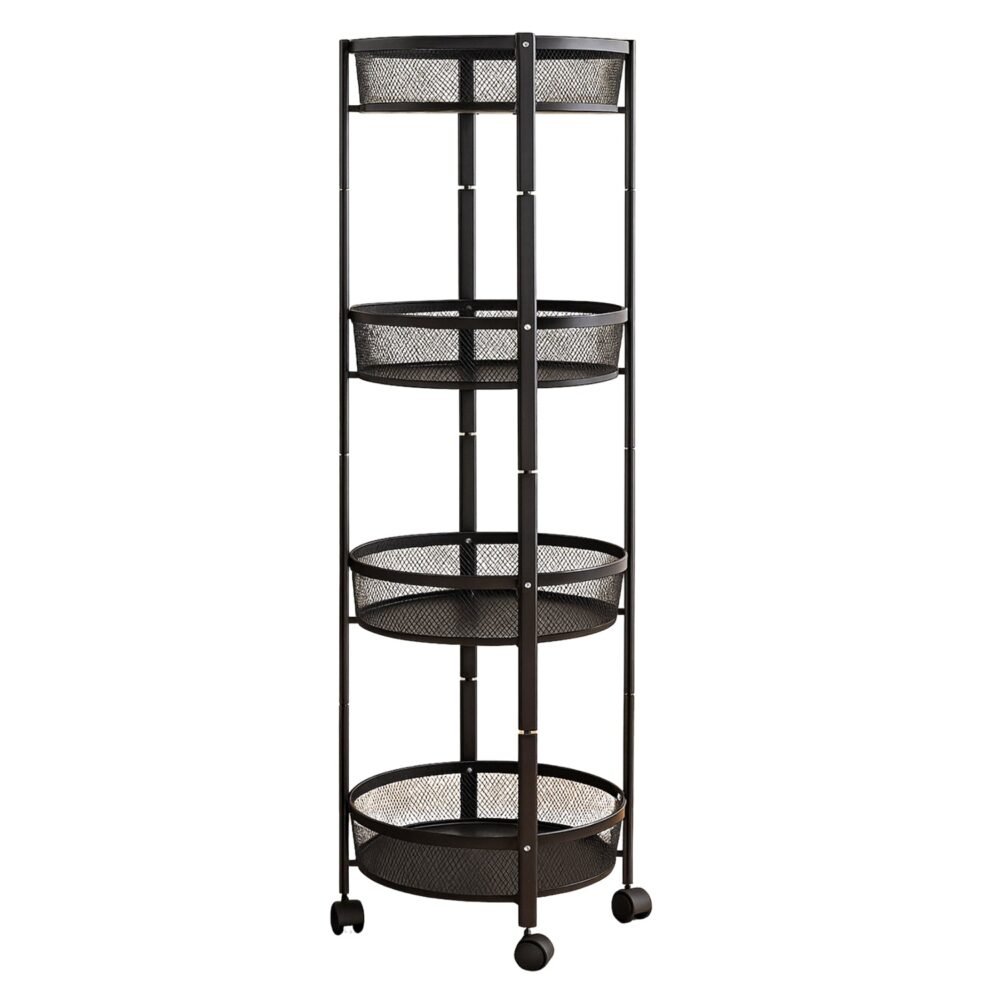 4-Layer Round Metal Mesh Storage Trolley with Wheels