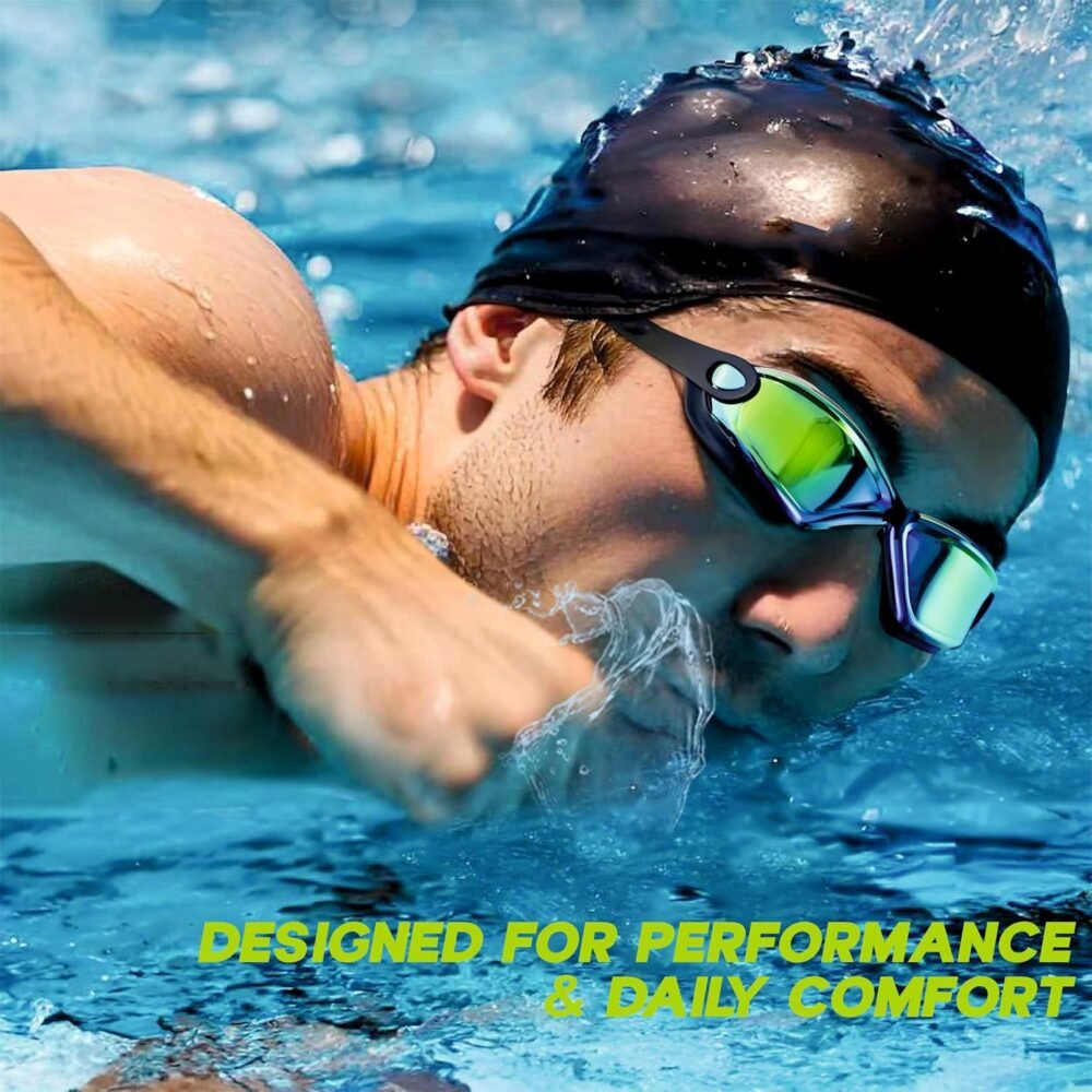 Anti-Fog Swimming Goggles – UV Protection with Mirrored Lenses & Earplugs