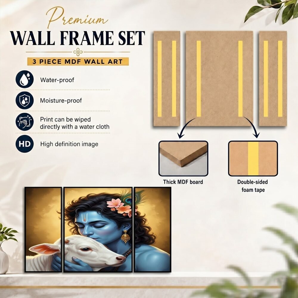 Krishna N Cow Wall Art – Vibrant 3 Panel MDF Design for Home
