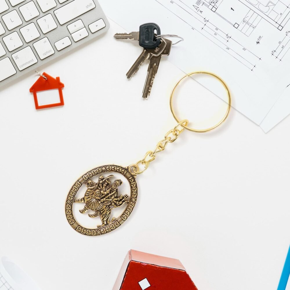 Durga Maa Keychain – Premium Golden Metal with Oval Frame