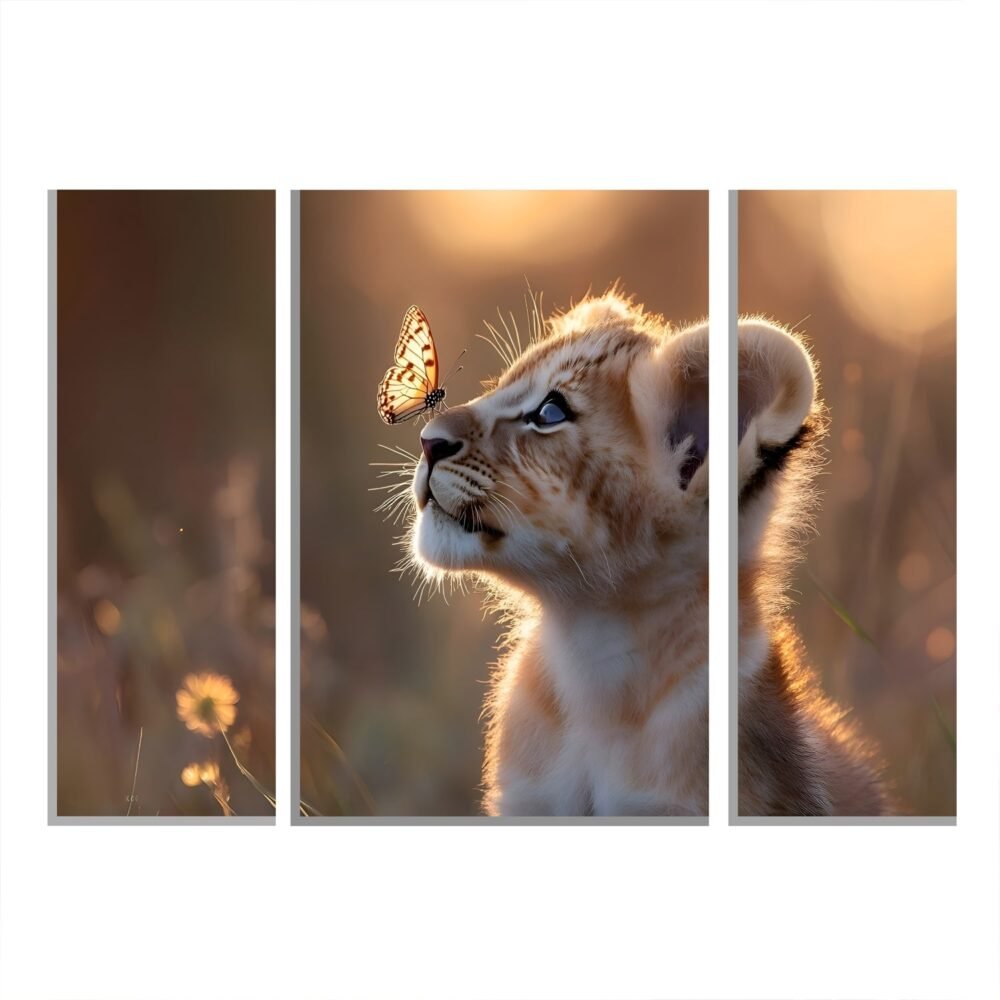 Lion Cub Wall Art – Vibrant 3-Panel MDF Wall Decor