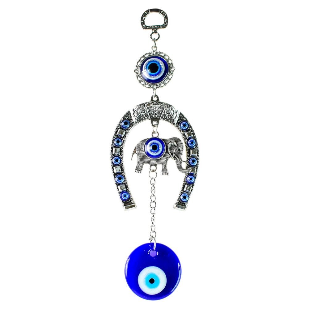 Evil Eye Hanging with Elephant & Horseshoe – Protective Wind Chime