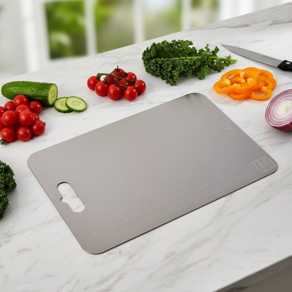 05_56603461-f5de-4eb9-8377-b363d886a936.jpg Large Stainless Steel Cutting Board – 31x20.5cm with Scale