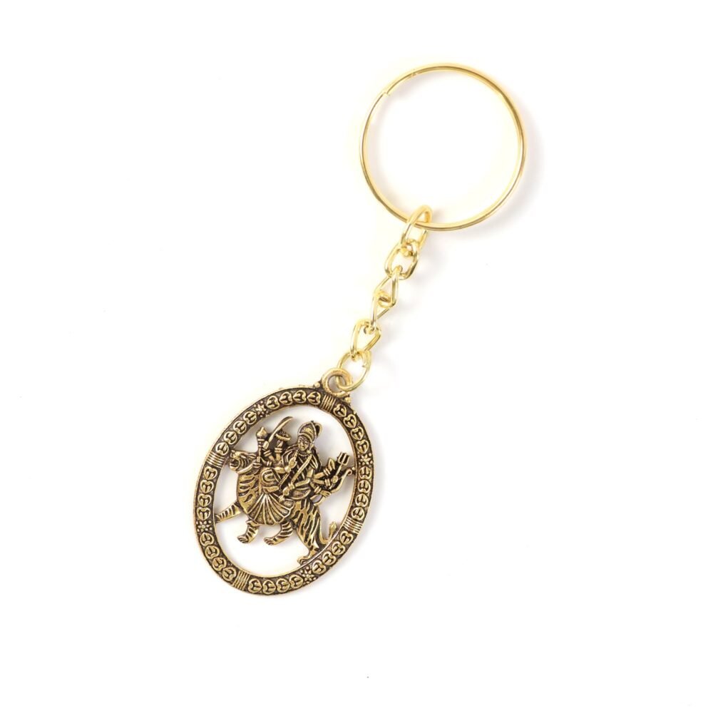 Durga Maa Keychain – Premium Golden Metal with Oval Frame