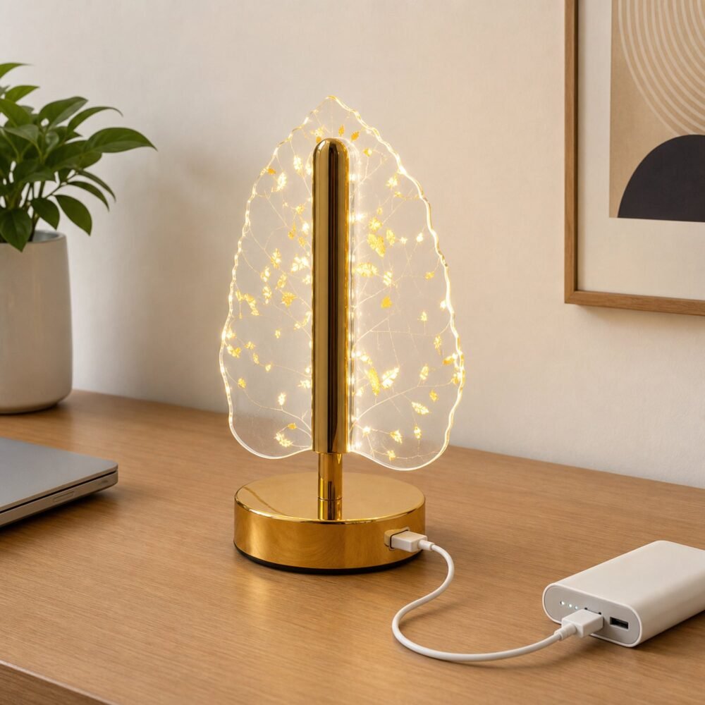 05_usb_usage_demo.jpg Golden Crystal Leaf LED Table Lamp – USB Charging & Warm Light