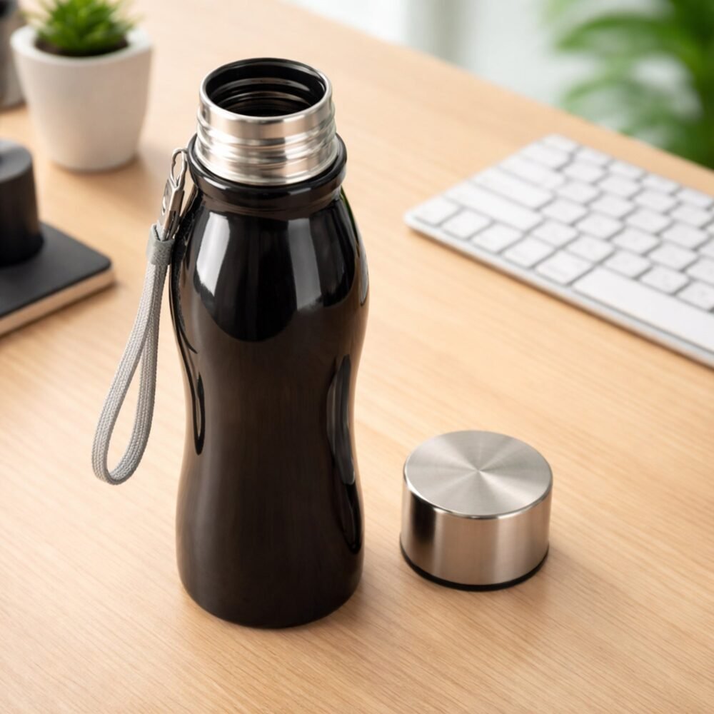 Stainless Steel Water Bottle – 600ml Leakproof with Carry Strap