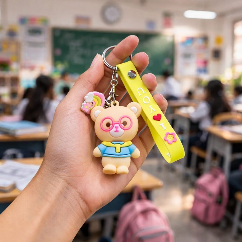 Teddy Bear Keychain – Cute Cartoon Bag Charm with Love Strap