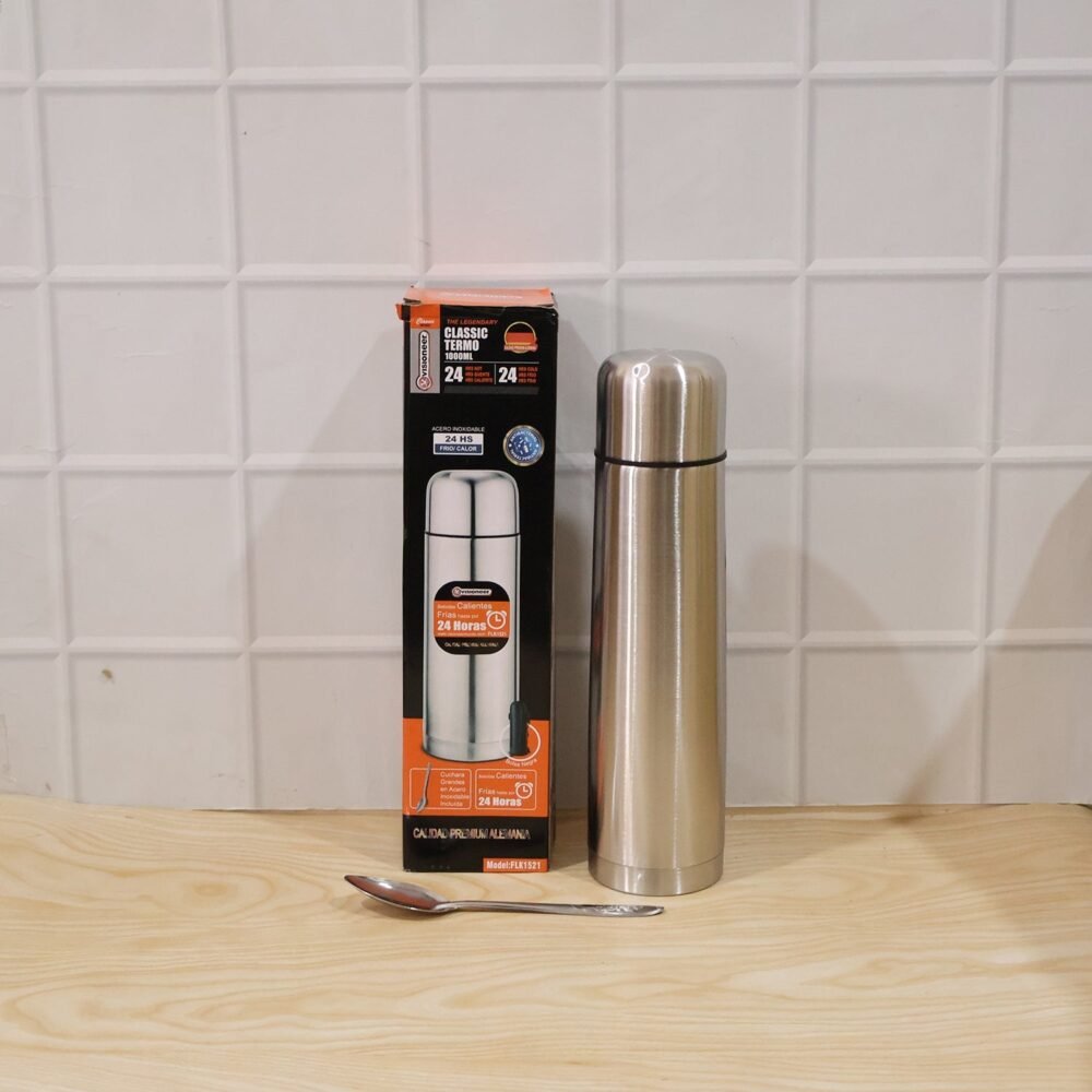 Stainless Steel Vacuum Flask – 1000ML with Carry Bag & Spoon