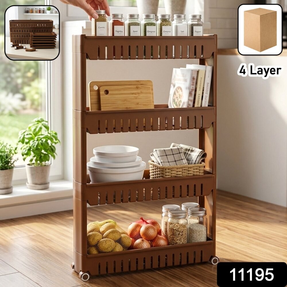 Multipurpose Plastic Storage Rack – 4 Layer with Wheels for Home