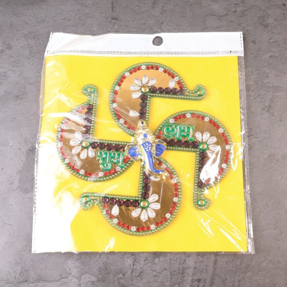Golden Swastik Shubh Labh Wall Hanging – Ganesh Idol Decor for Prosperity