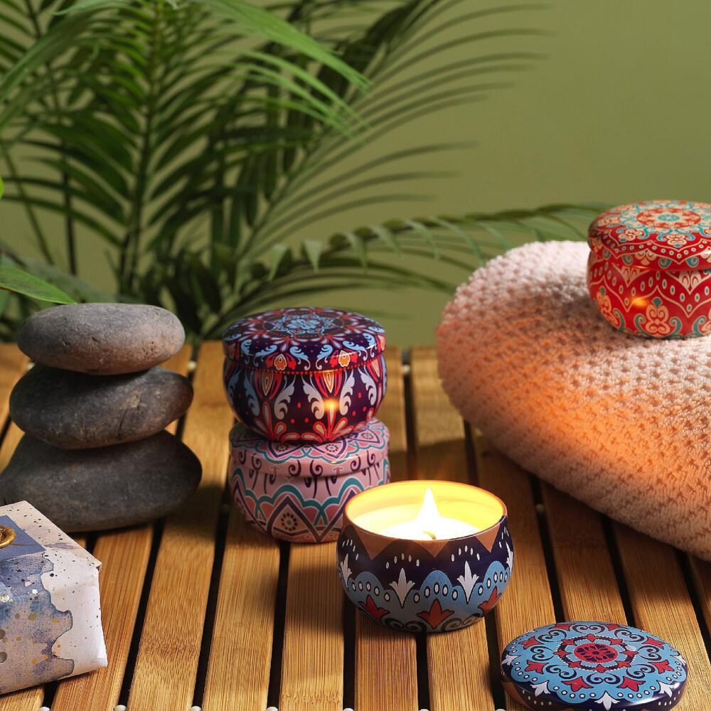 Mandala Printed Metal Candle Container – Reusable 4 Piece Set